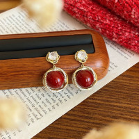 紅色珍珠吊墜耳釘925 銀針耳環輕奢氣質百搭耳夾無洞耳飾