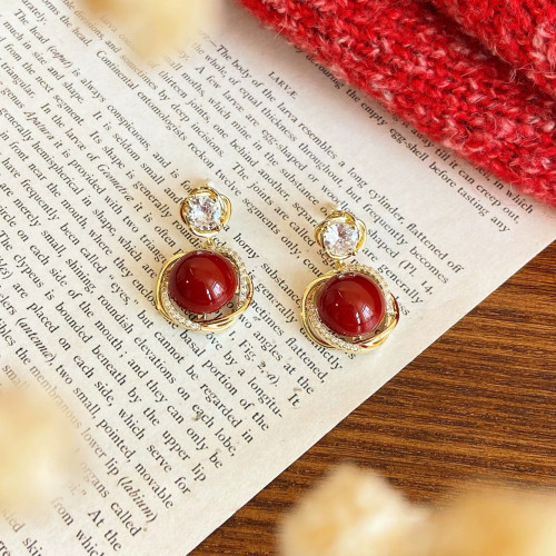 紅色珍珠吊墜耳釘925 銀針耳環輕奢氣質百搭耳夾無洞耳飾