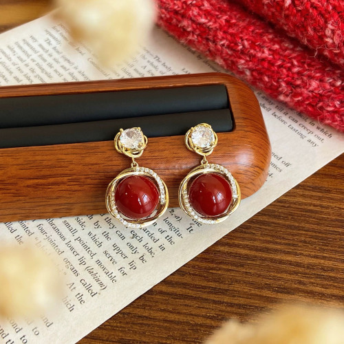 紅色珍珠吊墜耳釘925 銀針耳環輕奢氣質百搭耳夾無洞耳飾