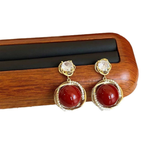 紅色珍珠吊墜耳釘925 銀針耳環輕奢氣質百搭耳夾無洞耳飾