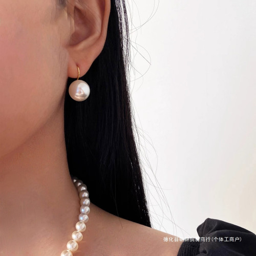 925純銀施家珍珠耳鉤女經典圓白色高跟鞋耳環法式感珍珠耳飾朝辤