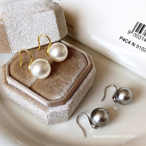 925純銀施家珍珠耳鉤女經典圓白色高跟鞋耳環法式感珍珠耳飾朝辤
