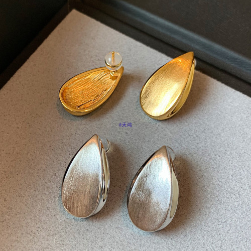 925純銀針歐美復古拉絲金銀色水滴金屬耳釘女輕奢感耳環耳飾