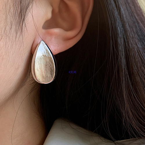 925純銀針歐美復古拉絲金銀色水滴金屬耳釘女輕奢感耳環耳飾