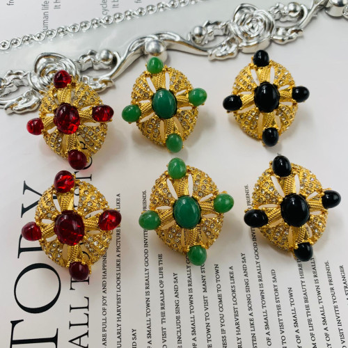 中古vintage古董滿鑲琉璃立體質感打標電鍍真金925銀針耳飾耳釘