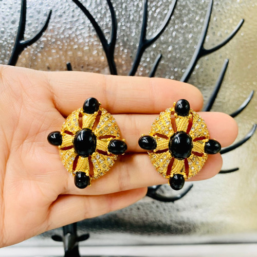 中古vintage古董滿鑲琉璃立體質感打標電鍍真金925銀針耳飾耳釘