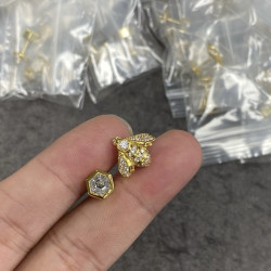 925純銀高版本尚美不對稱六邊形小蜜蜂耳釘鍍18K金滿鑽i蜜蜂耳環