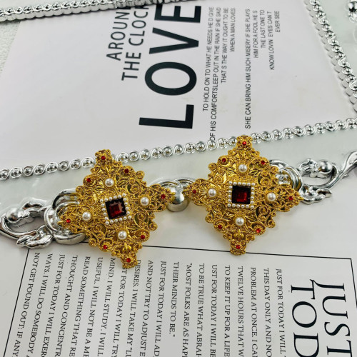 中古vintage 西洋復古方形宮廷風滿鑲925銀針電鍍真金打標耳釘