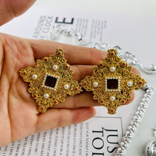 中古vintage 西洋復古方形宮廷風滿鑲925銀針電鍍真金打標耳釘