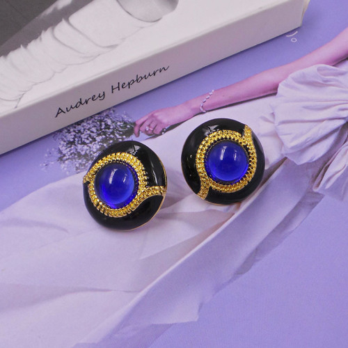 復古琺瑯彩中古防琉璃耳釘 電鍍真金保色925銀針時尚流行耳環