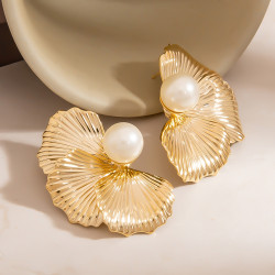 歐美925銀針耳釘嵌珍珠誇張花朵復古耳環法式風情對稱花瓣耳飾