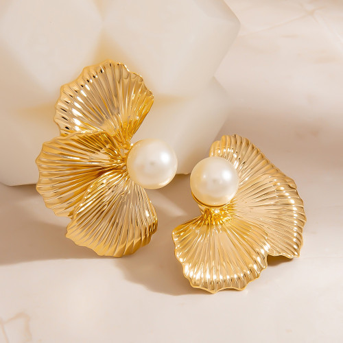 歐美925銀針耳釘嵌珍珠誇張花朵復古耳環法式風情對稱花瓣耳飾 歐美925銀針耳釘嵌珍珠誇張花朵復古耳環法式風情對稱花瓣耳飾