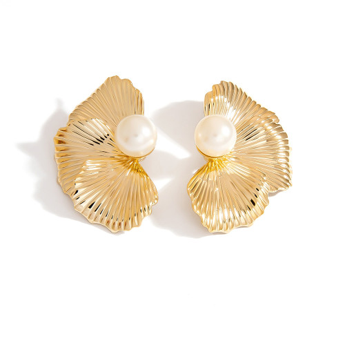 歐美925銀針耳釘嵌珍珠誇張花朵復古耳環法式風情對稱花瓣耳飾 歐美925銀針耳釘嵌珍珠誇張花朵復古耳環法式風情對稱花瓣耳飾