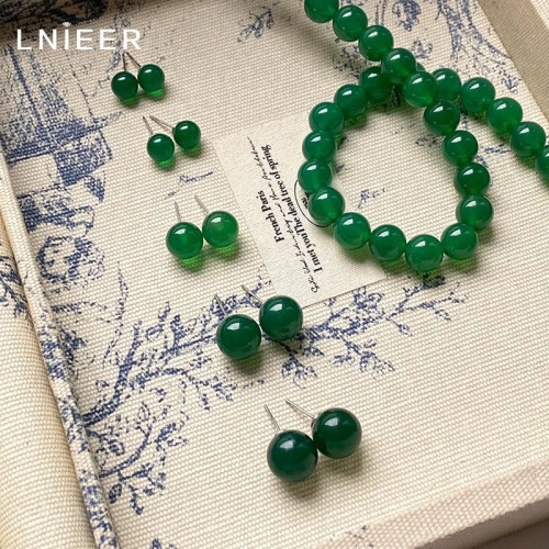 925純銀天然綠瑪瑙養耳洞耳釘新中式高級感翡翠色耳環；