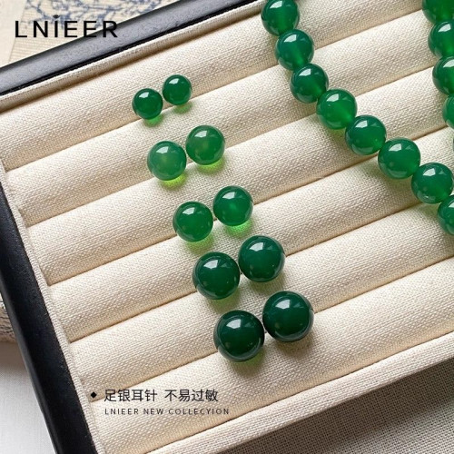 925純銀天然綠瑪瑙養耳洞耳釘新中式高級感翡翠色耳環；
