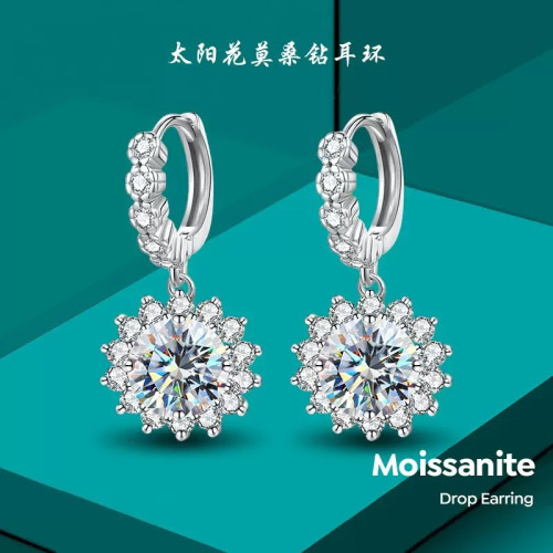 925純銀莫桑石1克拉耳環太陽花流蘇花朵耳墜女氣質飾品