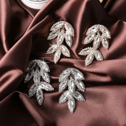 925銀針葉子簡約歐美時尚水晶耳環女氣質網紅長款耳墜誇張耳飾品