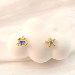 歐美飾品海星小螃蟹不對稱耳釘鋯石鑲嵌925銀針耳飾水晶珍珠貝殼