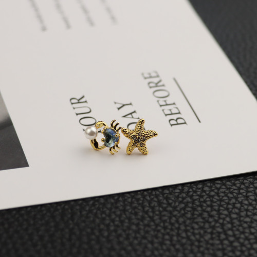 歐美飾品海星小螃蟹不對稱耳釘鋯石鑲嵌925銀針耳飾水晶珍珠貝殼