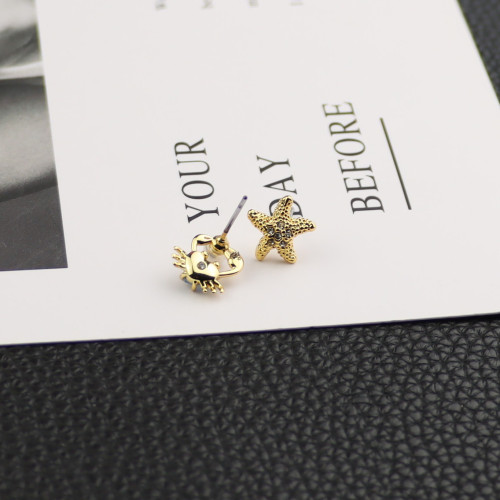 歐美飾品海星小螃蟹不對稱耳釘鋯石鑲嵌925銀針耳飾水晶珍珠貝殼