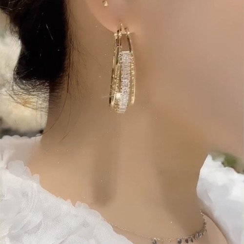 2025年新款潮輕奢高級感金屬圈圈耳環女925銀針超閃水晶耳飾品