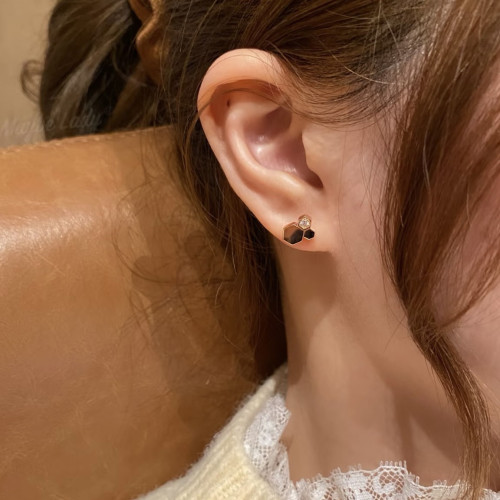 925純銀高版本尚美蜂窩六邊形鑲鑽耳釘鍍18K金蜂巢耳環