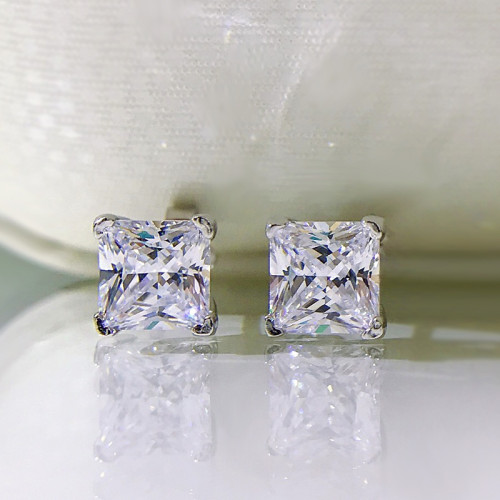 卓之凡新款高碳鑽925銀耳釘豔粉鑽簡約ins公主方6*6m冰花切耳飾女