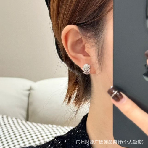 925純銀高版本寶詩家羽毛耳環鍍18K金小號梨形鑽樹葉耳釘耳飾