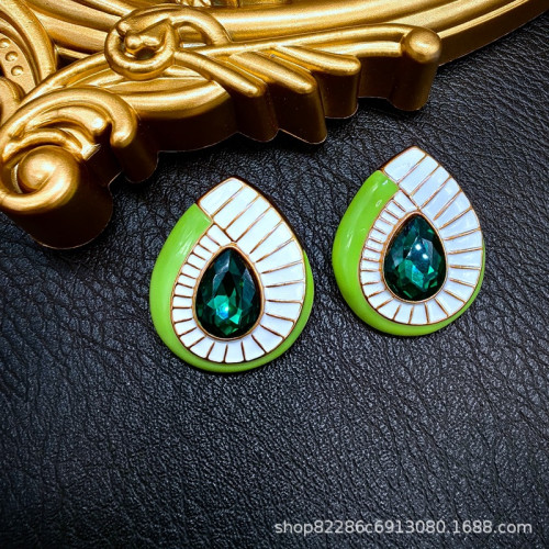 時尚輕奢綠色琺瑯彩釉耳釘小衆歐美風925銀針耳環百搭潮款電鍍24K