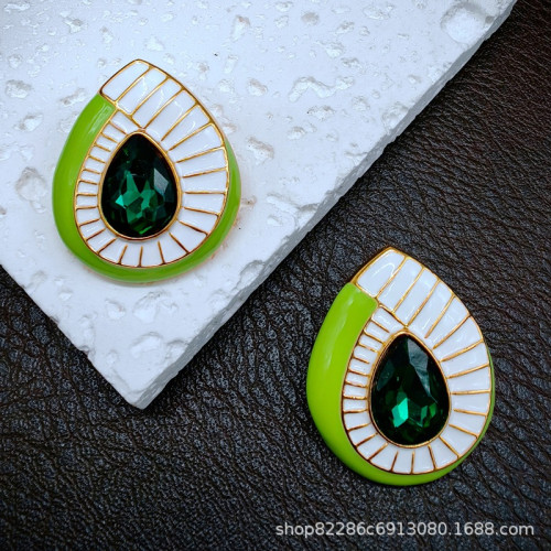 時尚輕奢綠色琺瑯彩釉耳釘小衆歐美風925銀針耳環百搭潮款電鍍24K