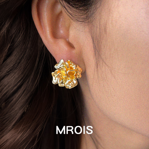 原創液態茶花厚鍍18K真金保色925銀針時尚輕奢風高級感耳飾耳釘女 原創液態茶花厚鍍18K真金保色925銀針時尚輕奢風高級感耳飾耳釘女