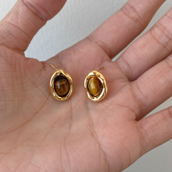 焦糖慄子天然虎眼石925銀針美拉德幾何耳釘氛圍感復古耳環耳飾