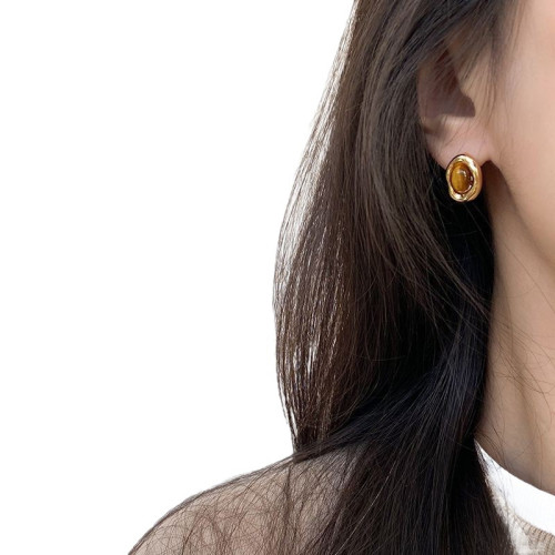 焦糖慄子天然虎眼石925銀針美拉德幾何耳釘氛圍感復古耳環耳飾