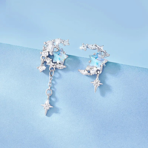 925純銀星月相伴夢幻星月流蘇耳釘女小衆輕奢不對稱設計月亮星星