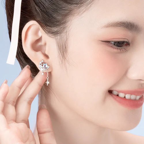 925純銀星月相伴夢幻星月流蘇耳釘女小衆輕奢不對稱設計月亮星星