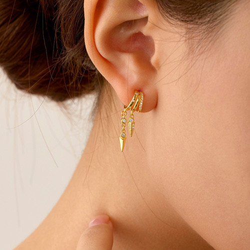 925純銀多層鑲鑽柳釘耳釘男女嘻哈個性流蘇耳飾歐美流行配飾