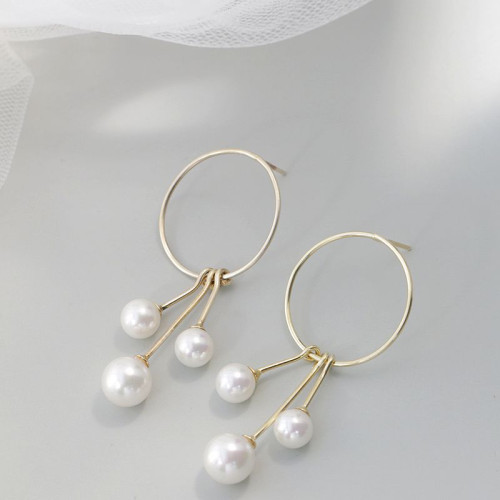 納福閣銀飾 簡約流蘇鍍金耳墜鑲合成貝珠小衆設計925純銀耳環