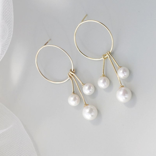 納福閣銀飾 簡約流蘇鍍金耳墜鑲合成貝珠小衆設計925純銀耳環