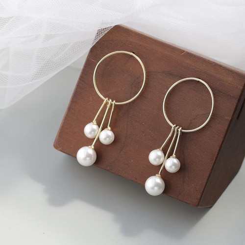 納福閣銀飾 簡約流蘇鍍金耳墜鑲合成貝珠小衆設計925純銀耳環