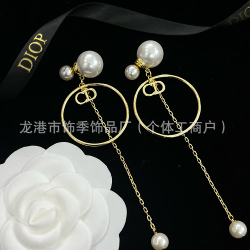 D家復古字母耳釘鑲鑽長款流蘇珍珠耳環女歐美時尚百搭個性925銀針