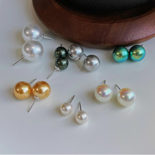 店長推薦925銀正圓強光人造水晶珍珠耳環耳釘女法式對版實拍