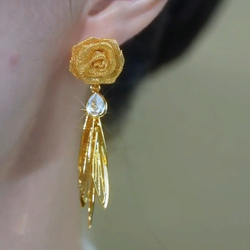 網狀玫瑰花葉子流蘇耳環女輕奢時尚925銀針耳釘2025新款爆款耳飾