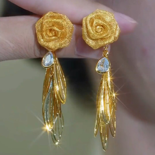 網狀玫瑰花葉子流蘇耳環女輕奢時尚925銀針耳釘2025新款爆款耳飾