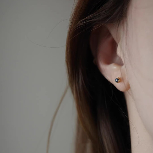 藍色星星 925純銀鍍14k金仿藍寶石耳釘 養耳洞迷你小巧隱形日系女