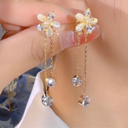 925銀針輕奢小衆長款流蘇貓眼石花朵耳環女ins潮精緻鋯石耳釘耳飾