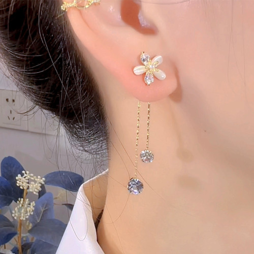925銀針輕奢小衆長款流蘇貓眼石花朵耳環女ins潮精緻鋯石耳釘耳飾