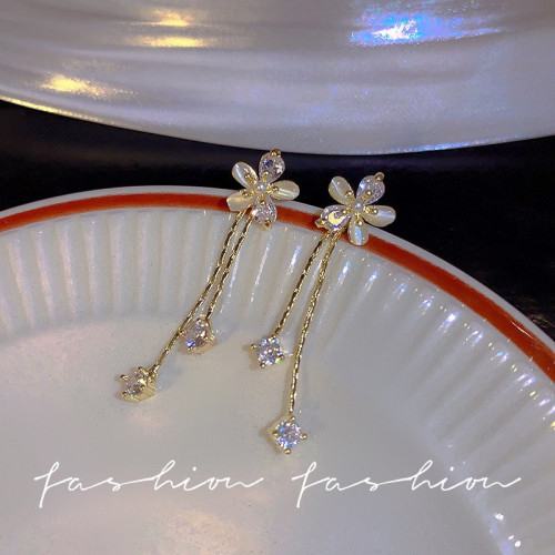 925銀針輕奢小衆長款流蘇貓眼石花朵耳環女ins潮精緻鋯石耳釘耳飾