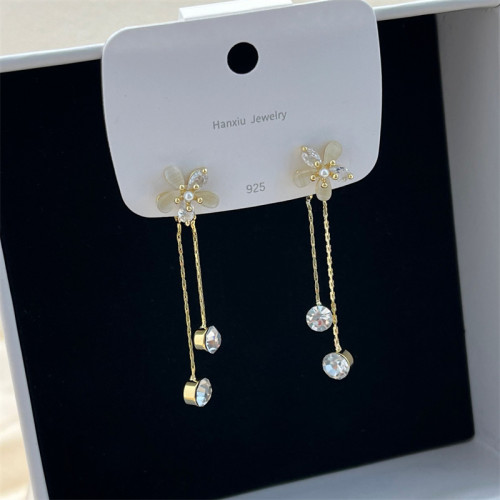 925銀針輕奢小衆長款流蘇貓眼石花朵耳環女ins潮精緻鋯石耳釘耳飾