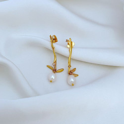 簡約鍍18K金啞光樹枝耳墜天然淡水珍珠耳釘KS925銀針歐美飾品