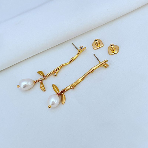 簡約鍍18K金啞光樹枝耳墜天然淡水珍珠耳釘KS925銀針歐美飾品